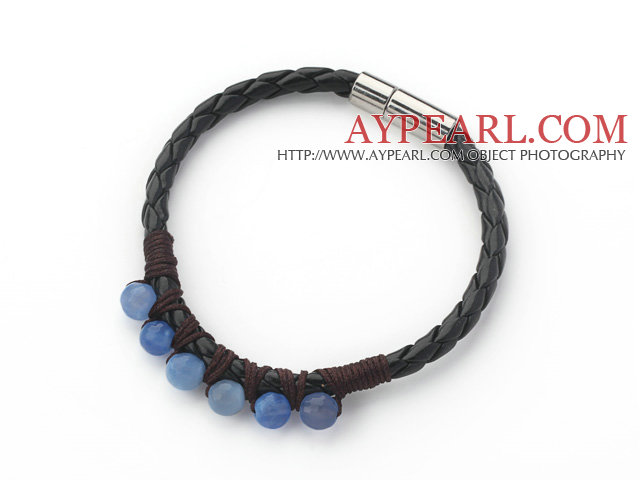 6mm Round Blue Agate and Black Leather Bracelet with Magnetic Clasp