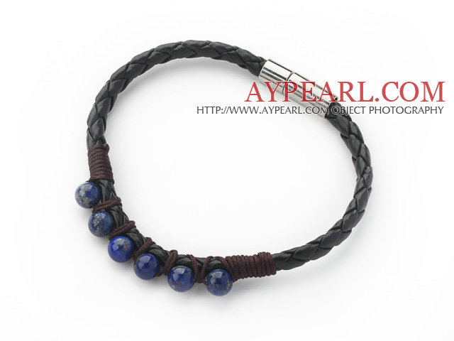 6mm Round Lapis Beads and Black Leather Bracelet with Magnetic Clasp