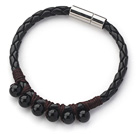 6mm Round Black Agate and Black Leather Bracelet with Magnetic Clasp