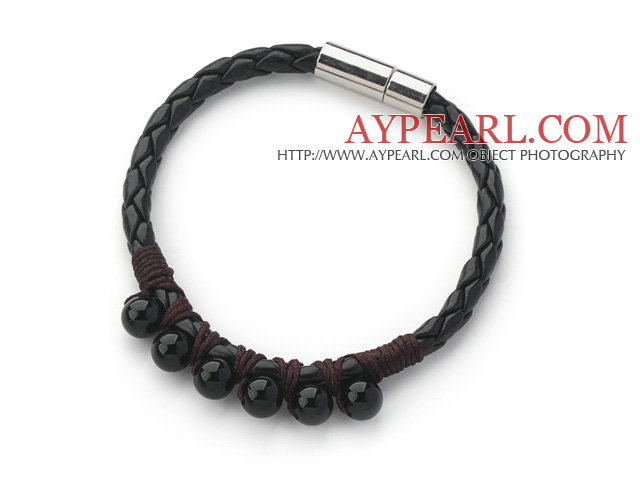 6mm Round Black Agate and Black Leather Bracelet with Magnetic Clasp