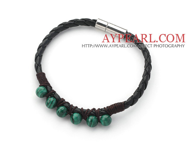 6mm Round Malachite and Black Leather Bracelet with Magnetic Clasp