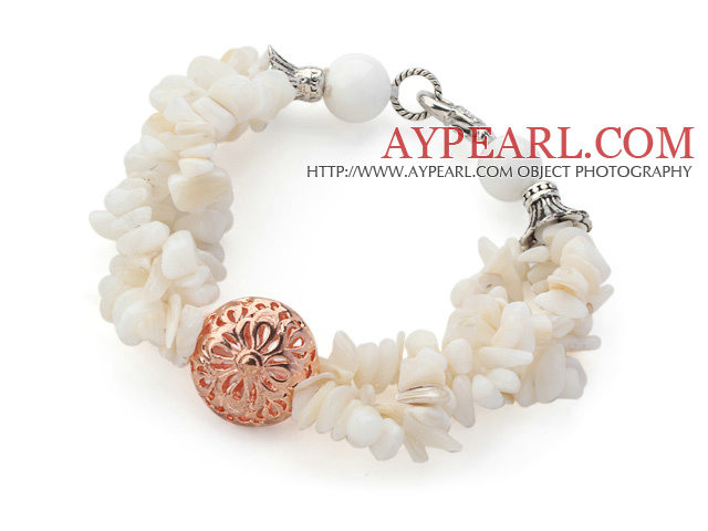 White Series White Shell Chips and White Sea Shell Bracelet with Golden Rose Color Ball