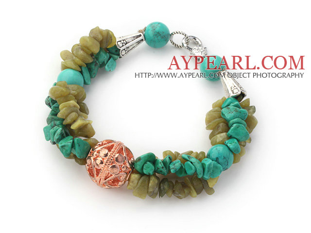 Assorted Green Turquoise and South Korea Jade Bracelet with Golden Rose Color Ball