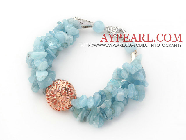 Ljusblå Series Aquamarine Chips Armband med Golden Rose Color Ball