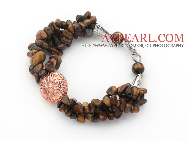 Brown Series Tiger Eye Chips armbånd med Golden Rose Color Ball