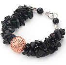 Black Series Sort Agate Chips armbånd med Golden Rose Color Ball