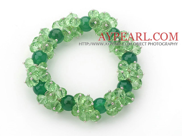 Green Series Faceted 8-10mm Green Crystal and Green Agate Stretch Bracelet