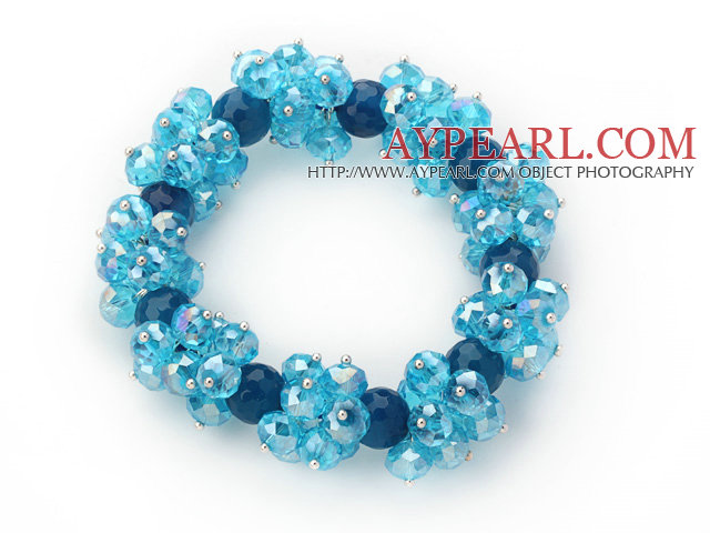 Sky Blue Series fasettert 8-10mm Blue Crystal og Mørk Blå Agate Stretch Bracelet
