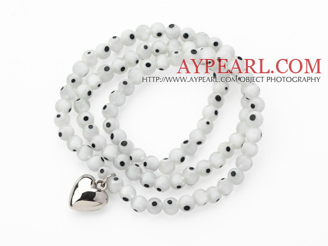 White Round Eye Shape Colored Glaze Three Times Wrap Bracelet with Metal Heart Accessory