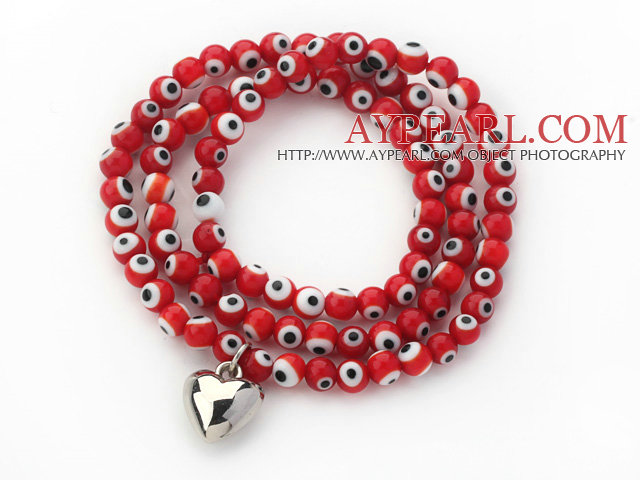 Red Round Eye Shape Colored Glaze Three Times Wrap Bracelet with Metal Heart Accessory