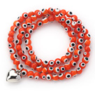 Orange Round Eye Shape farget glasur Three Times Wrap armbånd med Metal Heart tilbehør