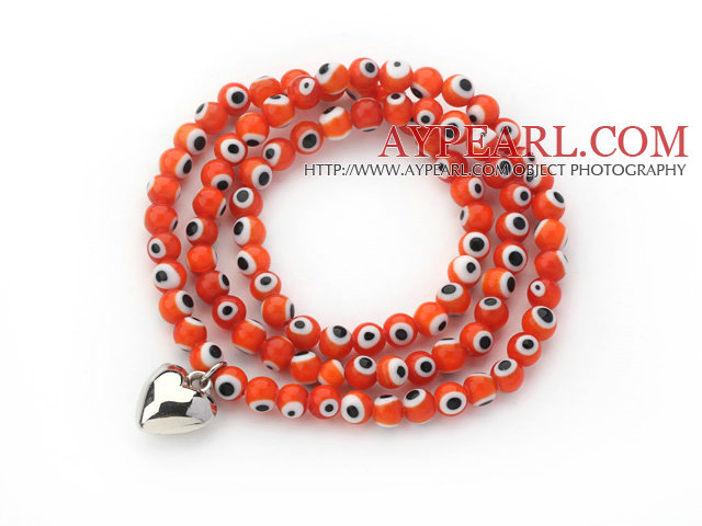 Orange Round Eye Shape Colored Glaze Three Times Wrap Bracelet with Metal Heart Accessory