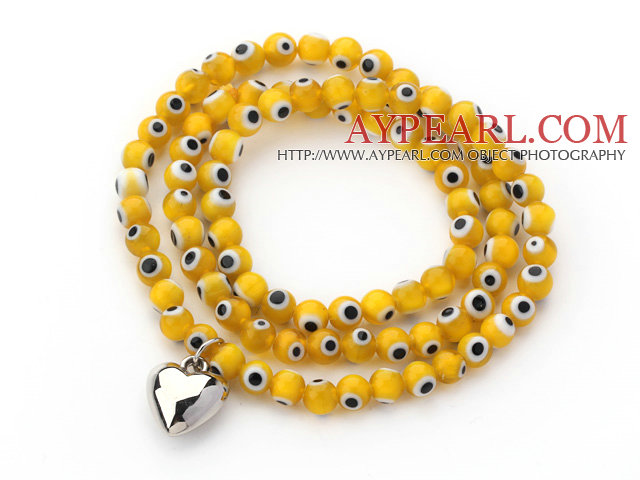Yellow Round Eye Shape Colored Glaze Three Times Wrap Bracelet with Metal Heart Accessory