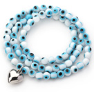 Wholesale Blue and White Color Round Eye Shape Colored Glaze Three Times Wrap Bracelet with Metal Heart Accessory