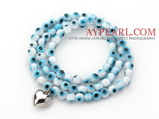 Blue and White Color Round Eye Shape Colored Glaze Three Times Wrap Bracelet with Metal Heart Accessory