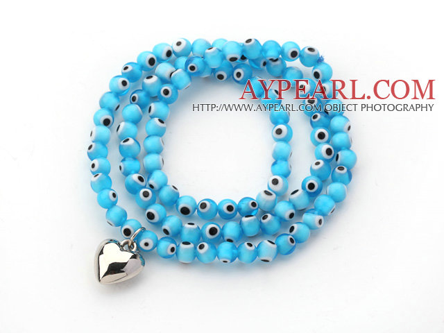 Sky Blue Color Round Eye Shape Colored Glaze Three Times Wrap Bracelet with Metal Heart Accessory