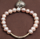 Simple style élégant 7-8mm naturel rose perle d'eau douce élastique / Bracelet extensible avec le Tibet Coeur Argent Et Charm Tube