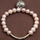 Simple Style elegant 7-8Mm Natural Pink Pearl de apă dulce Elastic / Stretch brățară cu Tibet argint inima și tub Charm