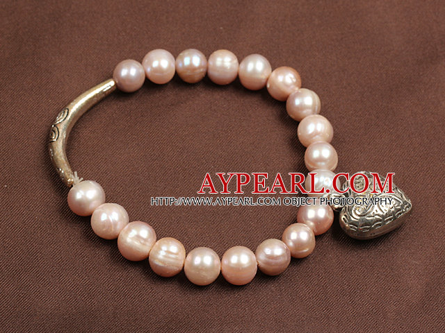 Enkel elegant stil 7-8mm naturligt rosa sötvattenspärla Elastisk / Stretch armband med Tibet Silver hjärta och Tube Charm