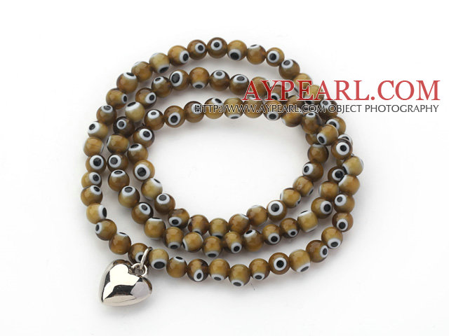 Dark Brown Round Eye Shape Colored Glaze Three Times Wrap Bracelet avec métal Accessoire Coeur
