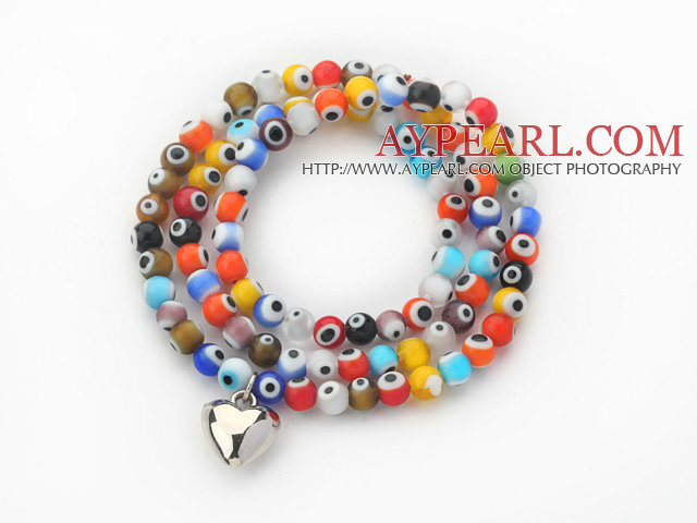Multi Color Round Eye Shape Colored Glaze Three Times Wrap Bracelet with Metal Heart Accessory