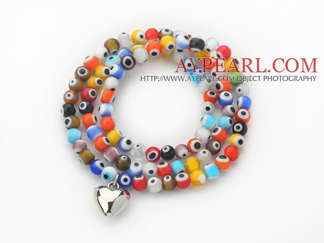 Multi Color Round Eye Shape Värilliset Glaze Three Times Wrap rannerengas Metal Heart tarvikkeita