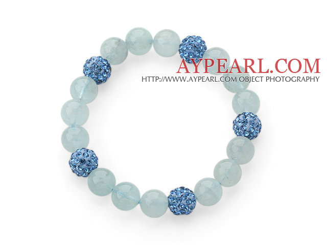 9-10mm γύρο φυσικό Aquamarine και μπλε τεχνητό διαμάντι Ball Stretch βραχιόλι