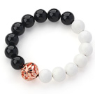 Round Black Agate and White Porcelain Stone Stretch Bangle Bracelet with Golden Rose Color Ball