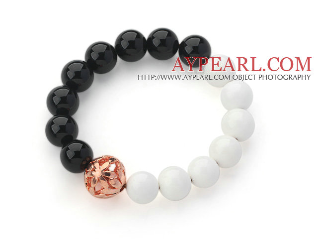 Round Agate Noir et Blanc Porcelaine Pierre Bracelet extensible avec Golden Rose boule de couleur