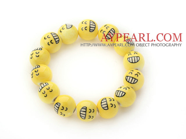 Yellow Color Round Smile Face Porcelain Beaded Stretch Bracelet