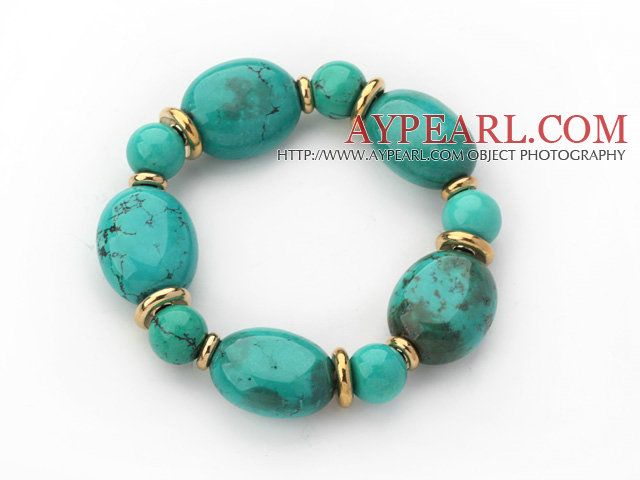 Assorted Green Turquoise Beaded Stretch Bracelet with Golden Color Metal Spacer
