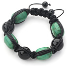 Drum Shape Turquoise and Black Agate and Black Leather Woven Adjustable Drawstring Bracelet