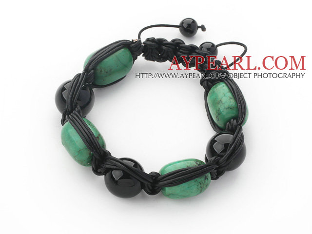 Tambour Turquoise Forme et agate noire et cuir noir Bracelet cordon réglable tissé