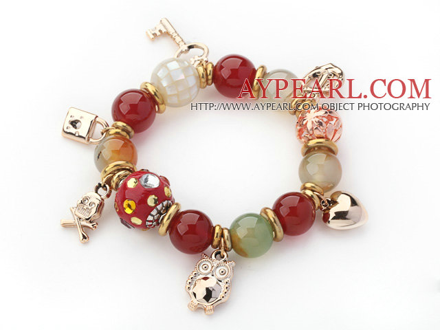 Assorted Red Color Carnelian and Colored Glaze and Mosaics Shell Charm Stretch Bracelet