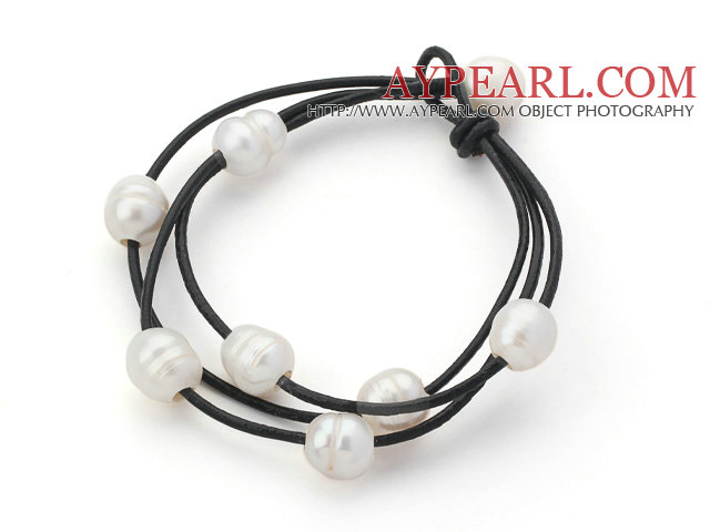 Multi Strands 10-11mm White Freshwater Pearl Leather Bracelet with Black Leather