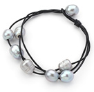 Multi Strands 10-11mm Gray Freshwater Pearl Leather Bracelet with Black Leather