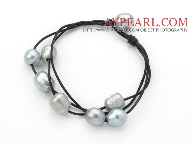 Multi Strands 10-11mm Gray Freshwater Pearl Leather Bracelet with Black Leather