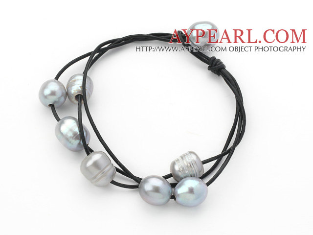 Multi Strands 10-11mm Gray Freshwater Pearl Leather armbånd med svart skinn