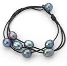 Multi Strands 10-11mm Svart Freshwater Pearl Leather armbånd med svart skinn