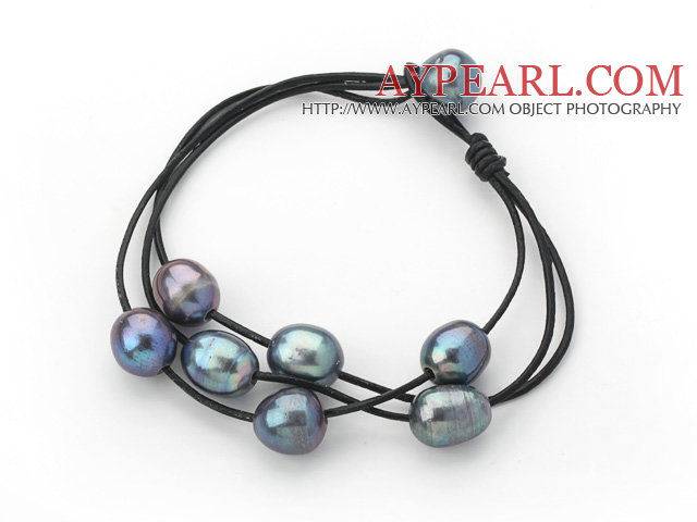 Les brins multi 10-11mm perle d'eau douce bracelet en cuir noir avec cuir noir