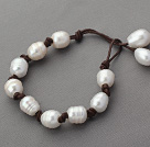 Single Strand 10-11mm White Freshwater Pearl Leather Bracelet with Coffee Brown Leather