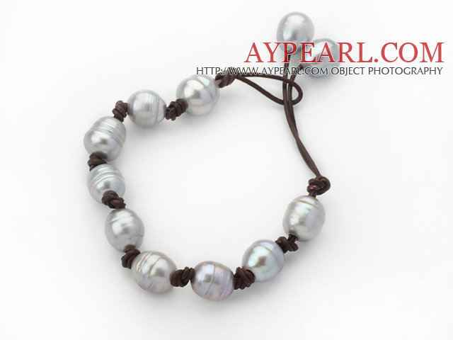 Classic Design 10-11mm Gray Freshwater Pearl Leather Bracelet with Brown Leather