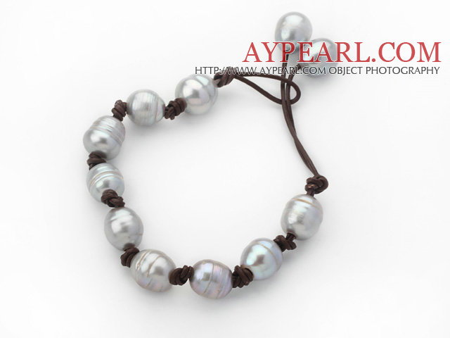 Design clasic 10-11mm Gray Pearl de apă dulce Bratara din piele cu piele maro