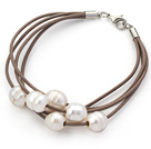 Multi Strands 10-11mm White Freshwater Pearl Leather Bracelet with Light Brown Leather