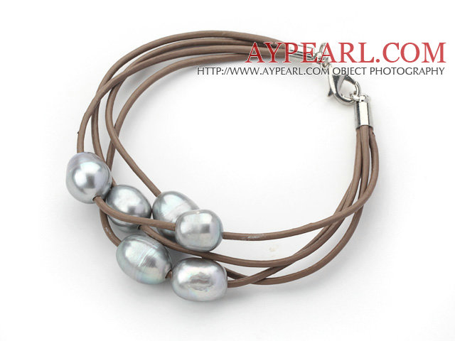 Multi Strands 10-11mm Gray Freshwater Pearl Leather Bracelet with Light Brown Leather