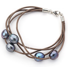 Multi Strands 10-11mm Svart Freshwater Pearl Leather Bracelet med lys brunt skinn