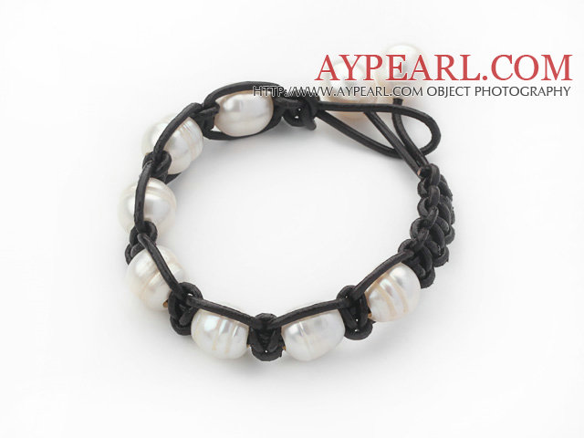 Fashion Style 10-11mm White Freshwater Pearl Wrapped Leather Bracelet with Black Leather