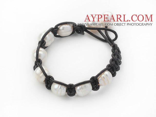 Fashion Style 10-11mm White Pearl γλυκού νερού τυλιγμένο δερμάτινο βραχιόλι με μαύρο δέρμα