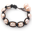 Fashion Style 10-11mm Pink Freshwater Pearl Wrapped Leather Bracelet with Black Leather