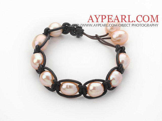 Fashion Style 10-11mm rosa sötvattenspärla Wrapped Läderarmband med svart läder